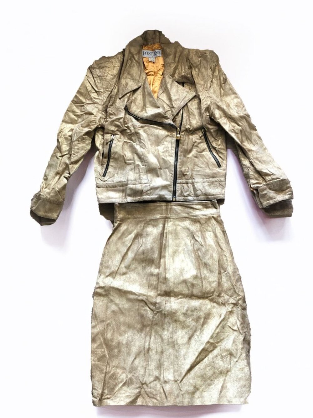 Rare Vintage Positano Distressed Gold Leather Moto Jacket Pencil Skirt Set Sz Sm